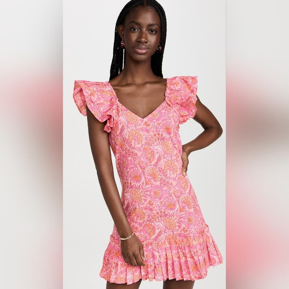 Mille Resort & Travel Pink Orange short mini floral ruffle dress small 4/6